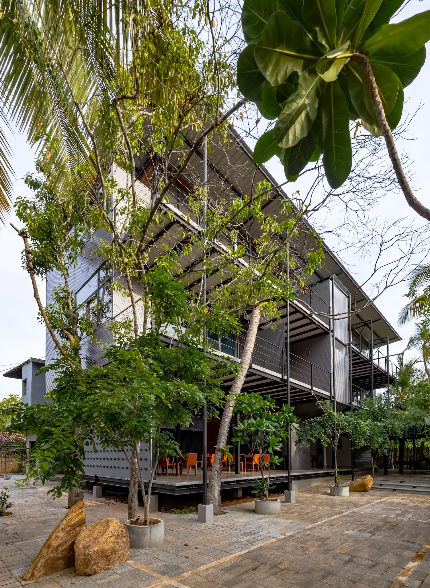 Architectural courtyard perspective with black steel lines and lush tropical greenery