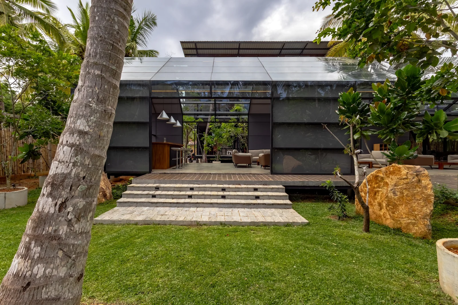 Lush tropical greenery shaping the calm outdoor atmosphere
