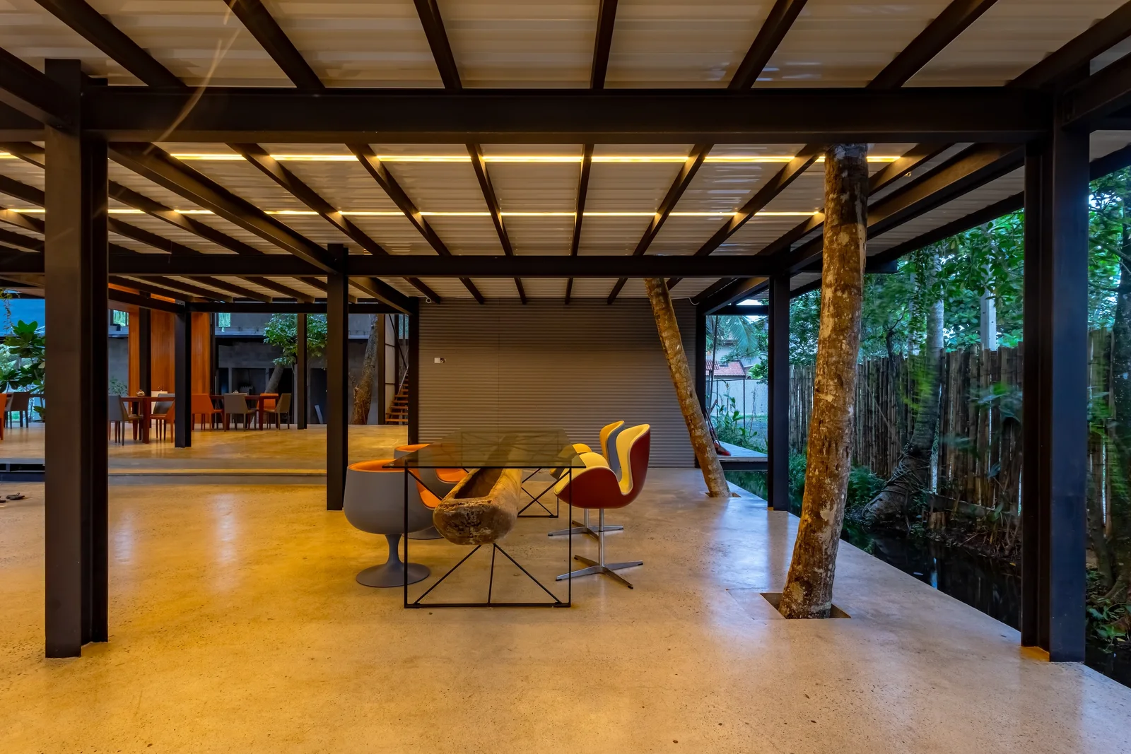 Dining interior with natural materials and intimate evening mood
